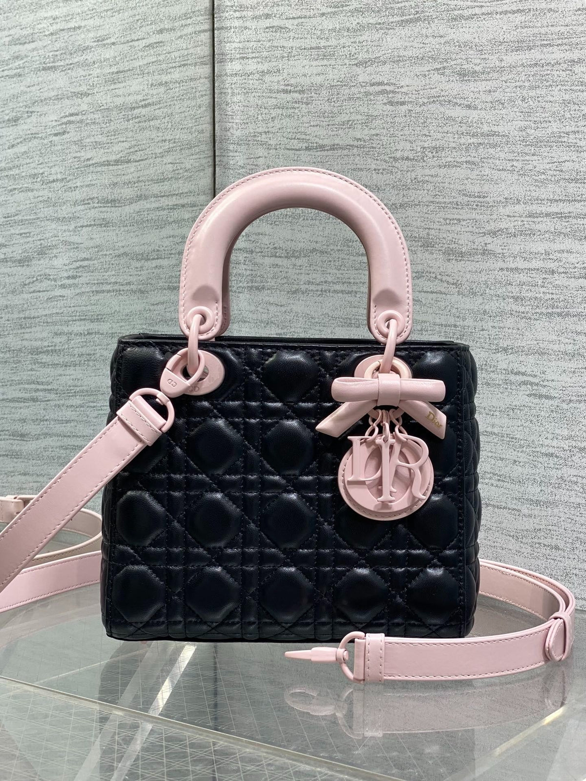 CD 2026 Bow Lady Dior 20cm Black Pink Cannage Lambskin 289164