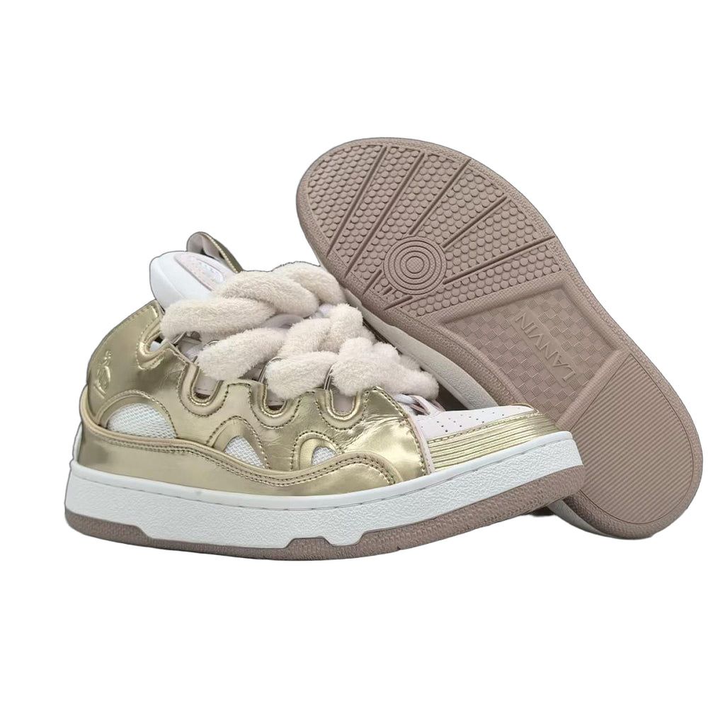 Lanvin Curb Sneakers 'Metallic Gold' - White Mesh Rope Laces