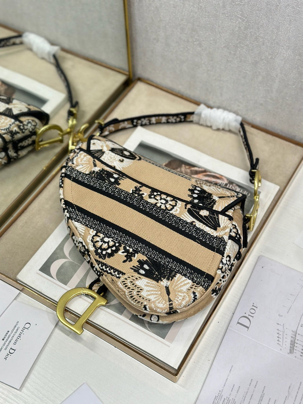 CD Saddle Bag 25.5cm Black Beige Butterfly Embroidery Canvas