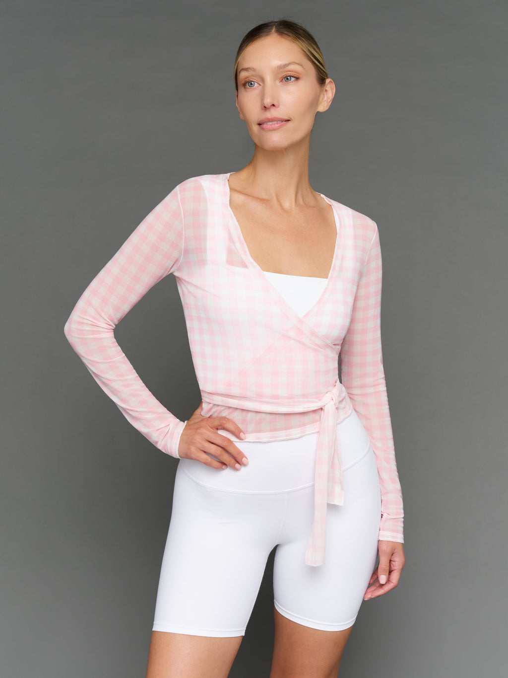 Gingham Mesh Wrap Top - Pink Gingham