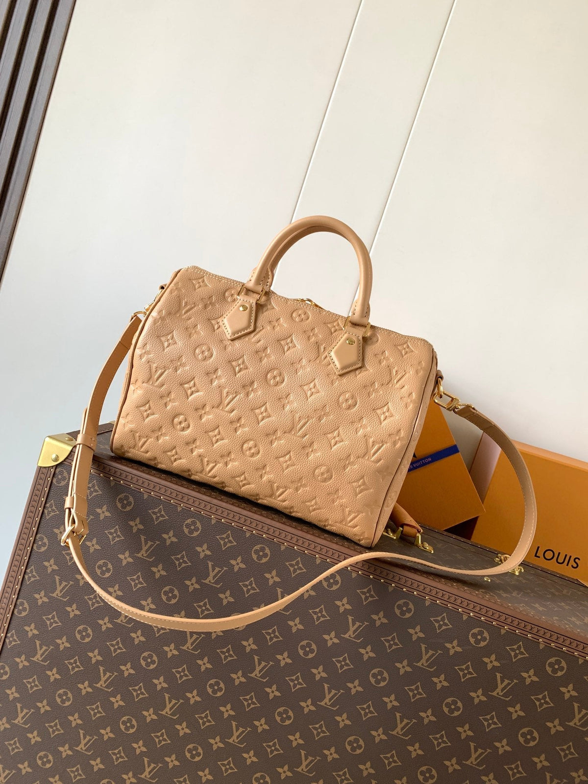 LV M11323 Speedy Soft 30 Apricot Monogram Empreinte Leather