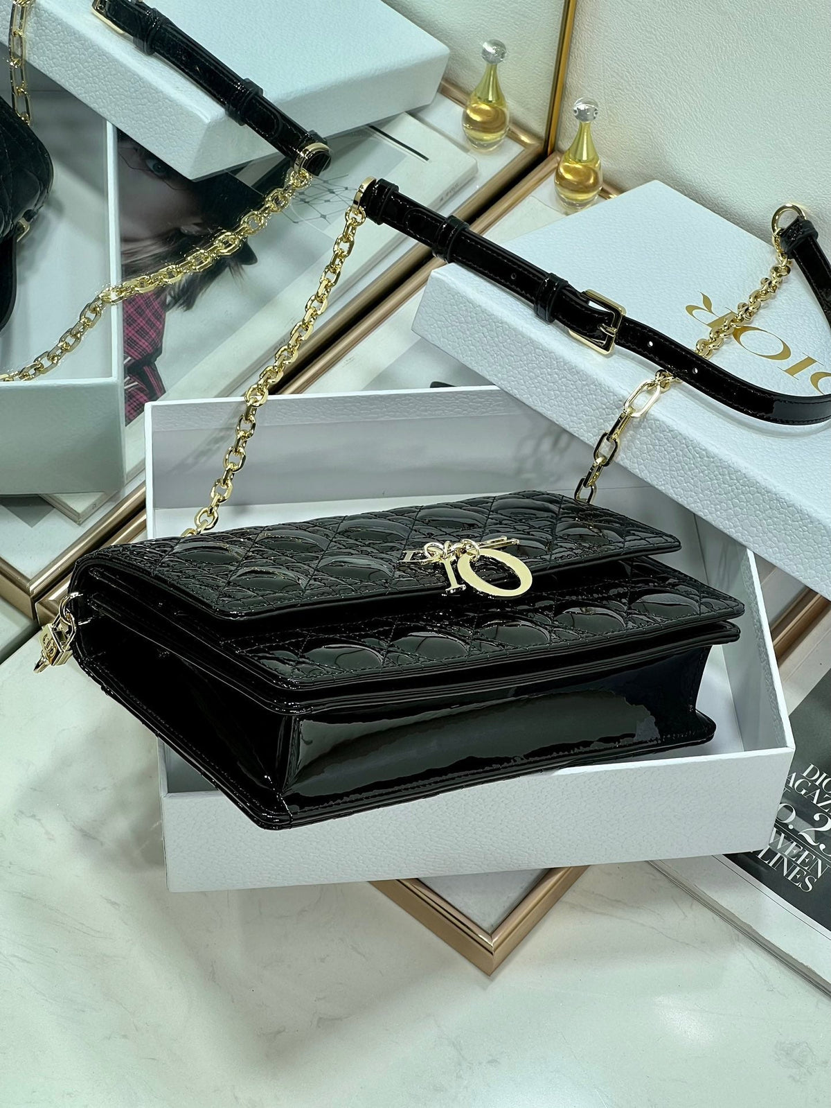 MY CD 24 TOP HANDLE BAG BLACK PATENT LAMBSKIN