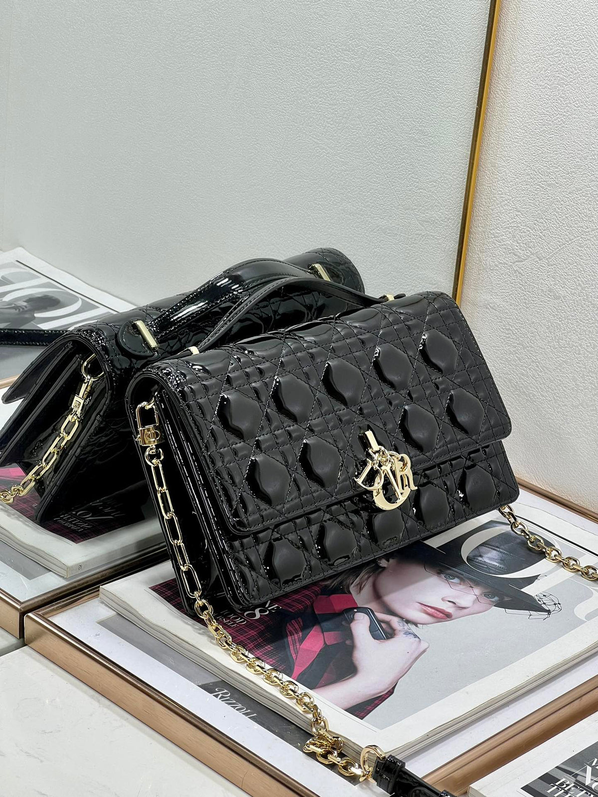 MY CD 24 TOP HANDLE BAG BLACK PATENT LAMBSKIN