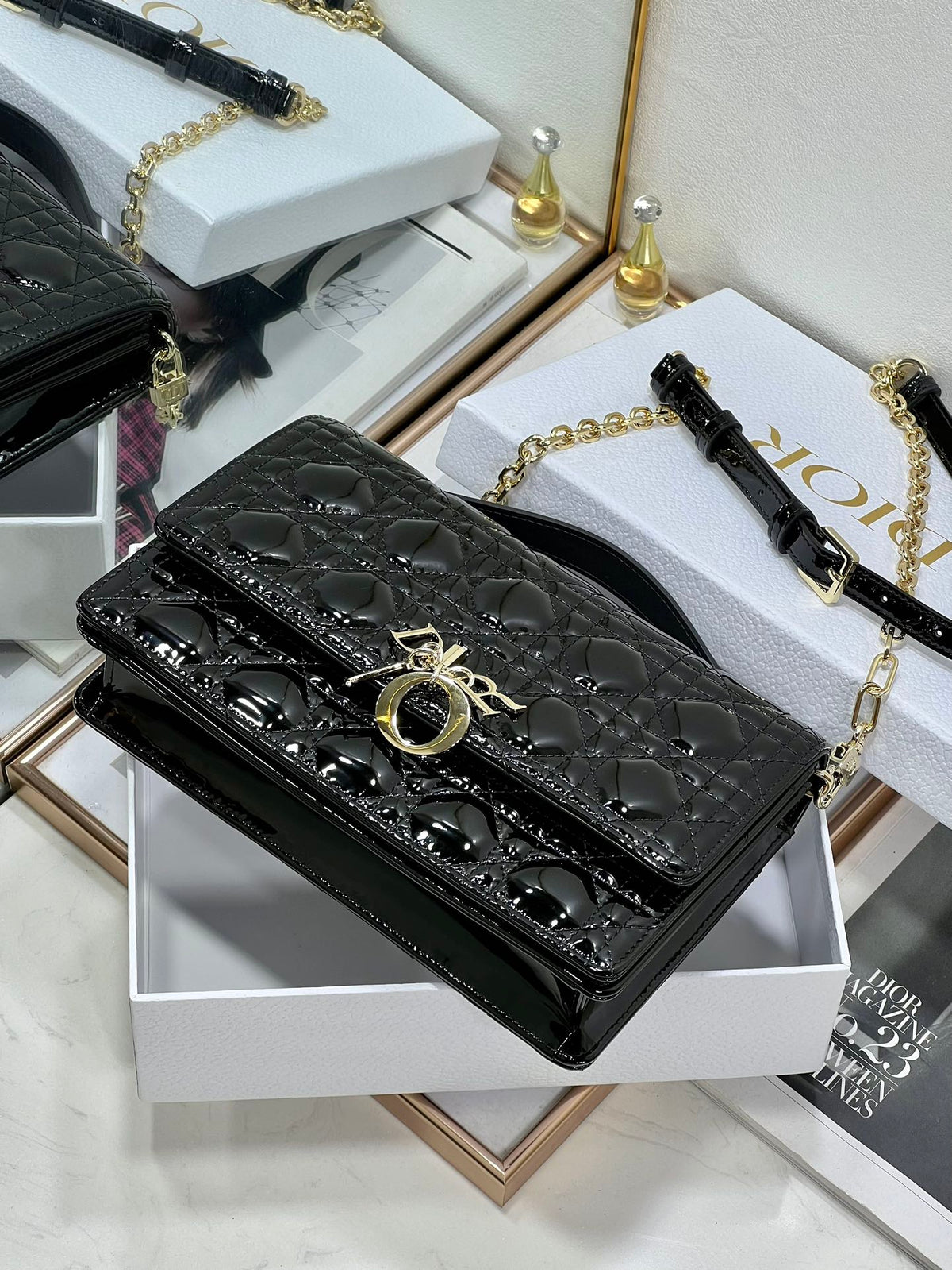 MY CD 24 TOP HANDLE BAG BLACK PATENT LAMBSKIN