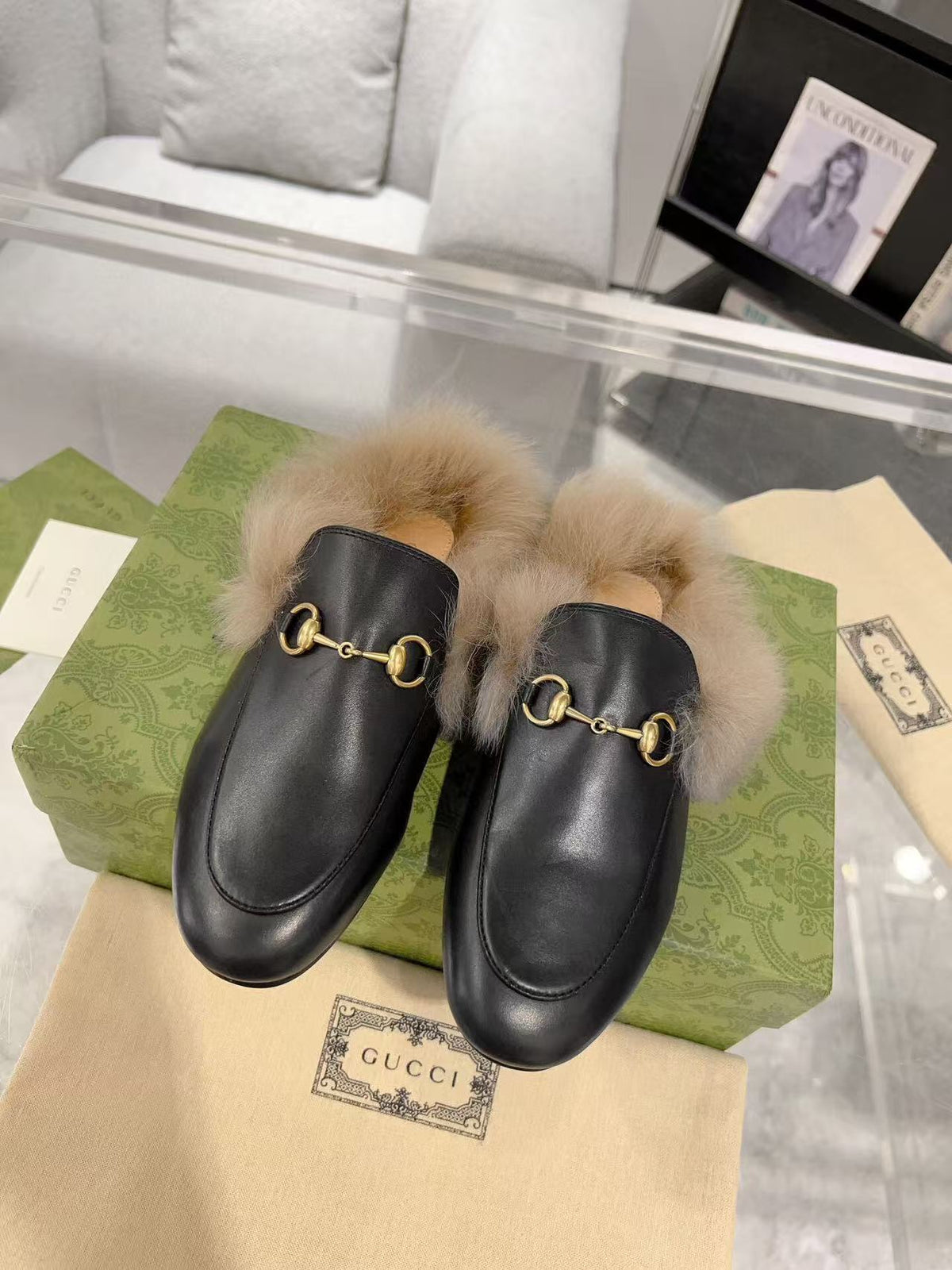 GG Princetown Slipper Black Calfskin Tuscan Wool