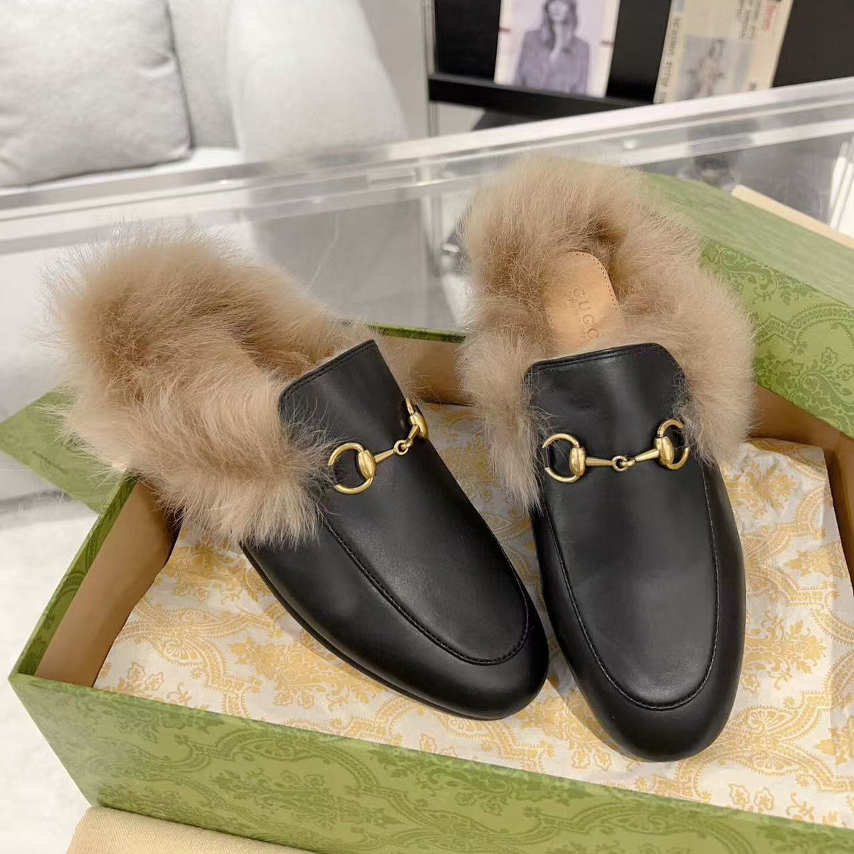 GG Princetown Slipper Black Calfskin Tuscan Wool
