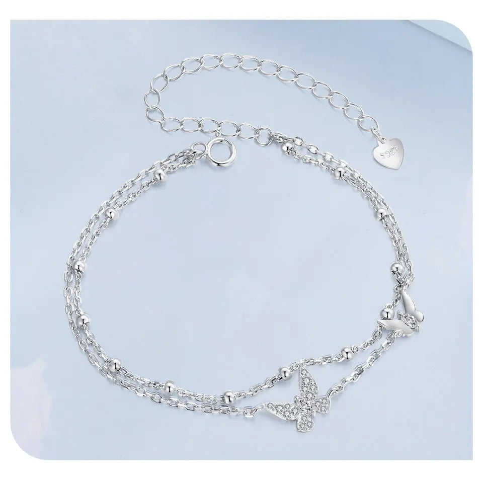 Double-Layer Butterfly Bracelet 925 Sterling Silver CZ Layered Bracelet