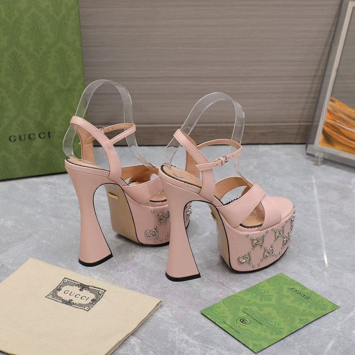 GG Flatform 155mm High Heel Sandal in Baby Pink Cowhide