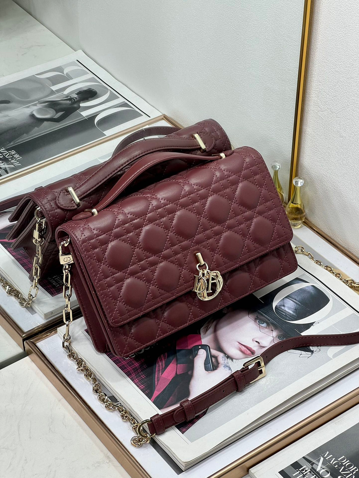 MY CD 24 TOP HANDLE BAG BURGUNDY LAMBSKIN