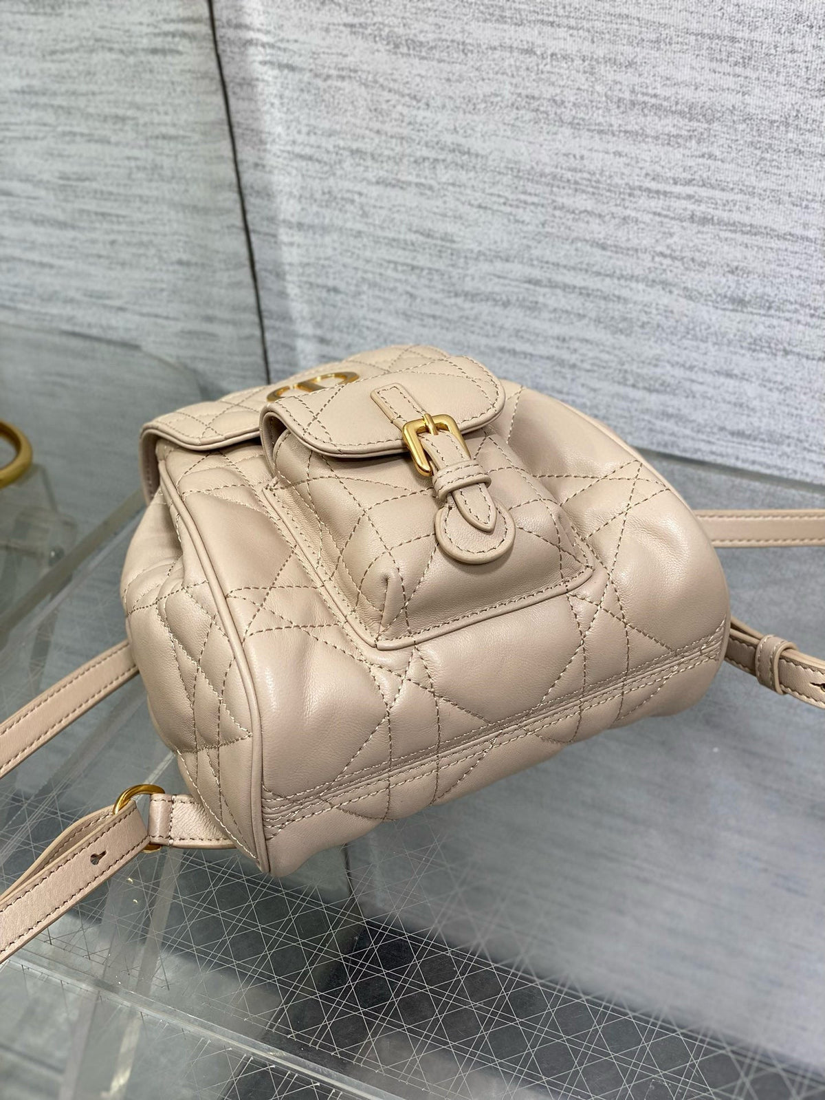 Small CD Caro Blackpack 18cm Powder Beige Macrocannage Lambskin