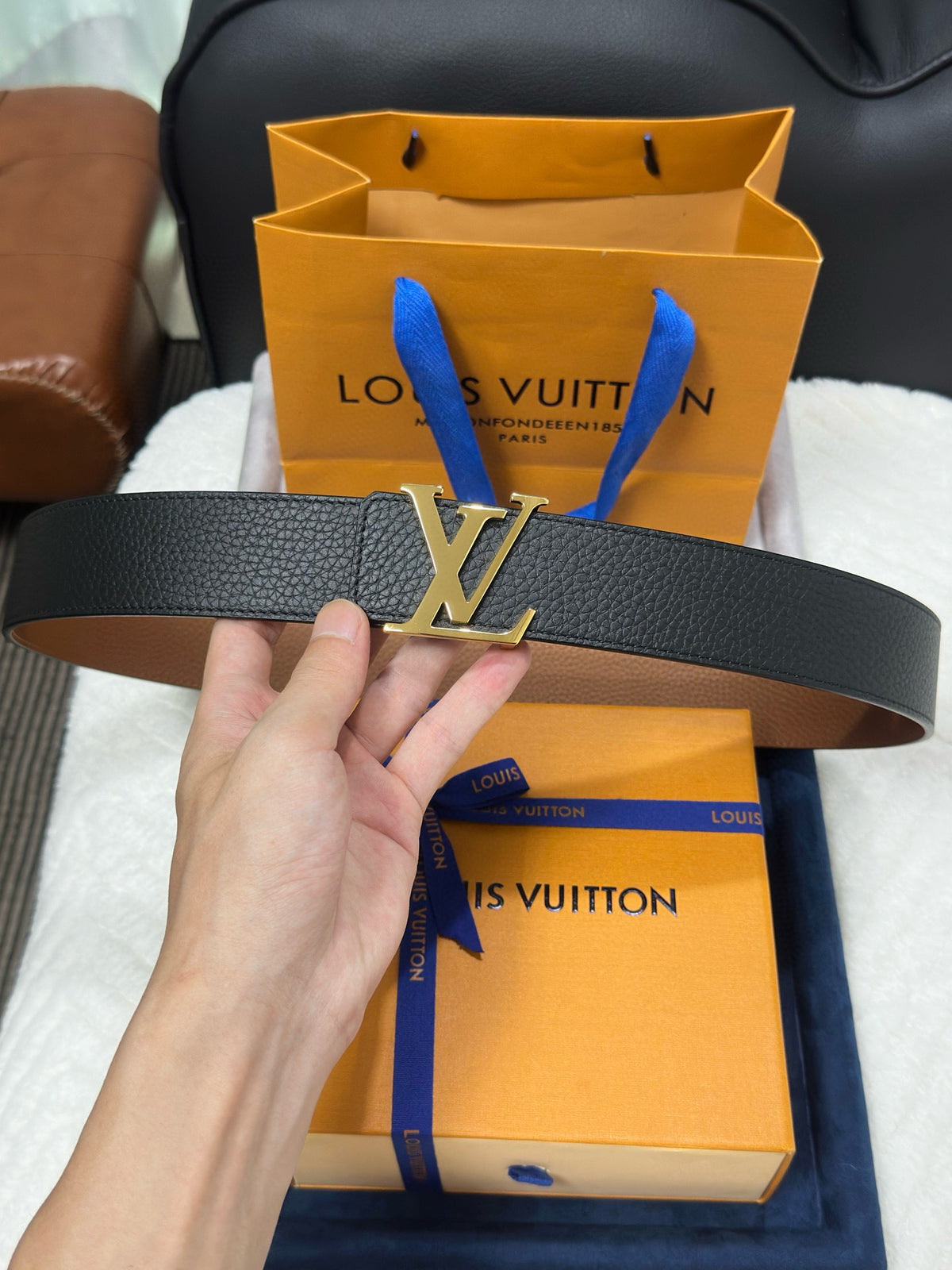 Louis Vuitton LV Initiales 40MM Reversible Belt Black Cognac