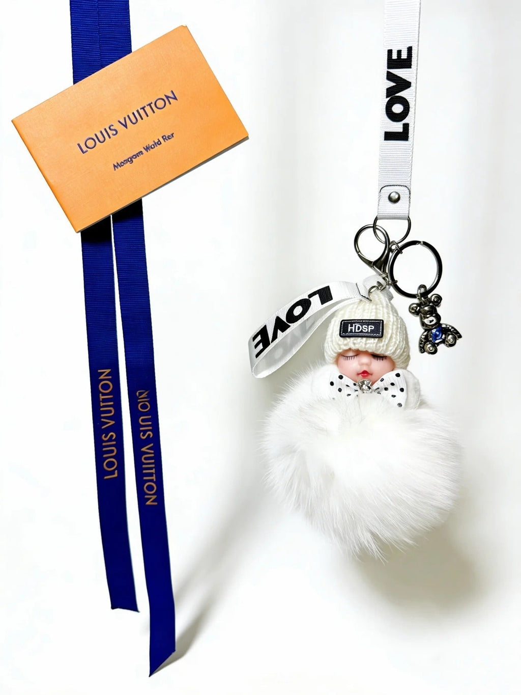 LV White Fluffy Plush Sleeping Baby Doll Charm