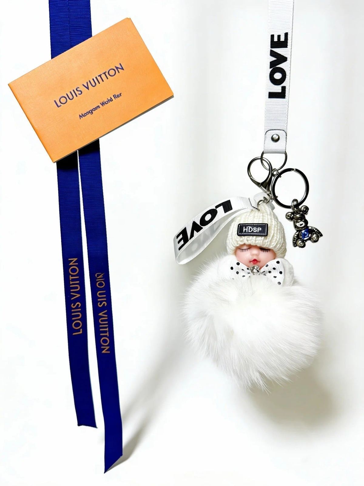 LV White Fluffy Plush Sleeping Baby Doll Charm