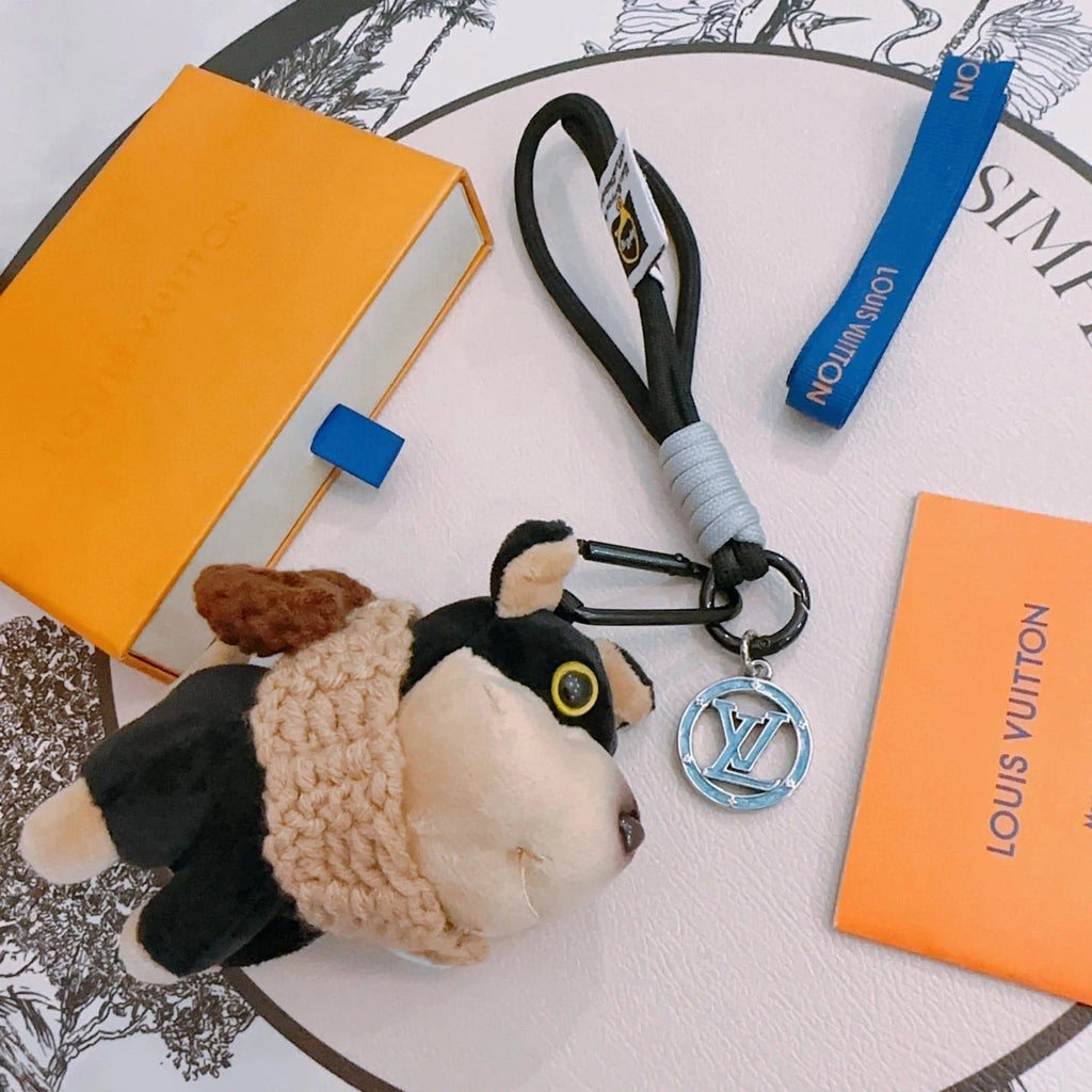 LV Black Beige Plush Dog Charm