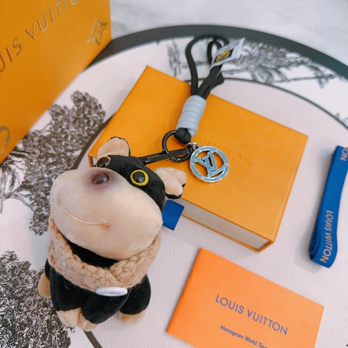 LV Black Beige Plush Dog Charm