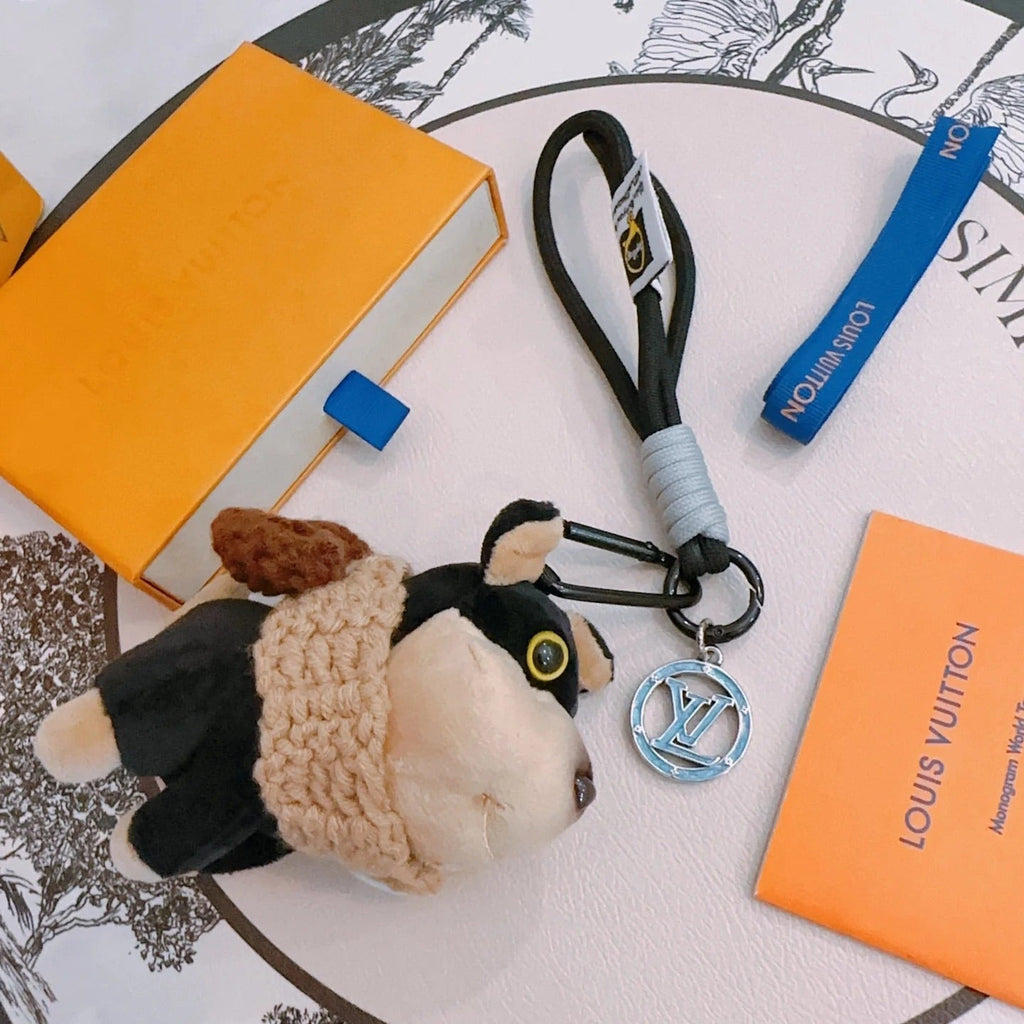 LV Black Beige Plush Dog Charm