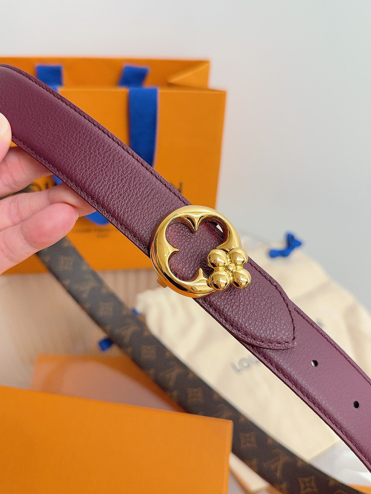Louis Vuitton LV Flowergram Round 30MM Reversible Belt Burgundy Monogram