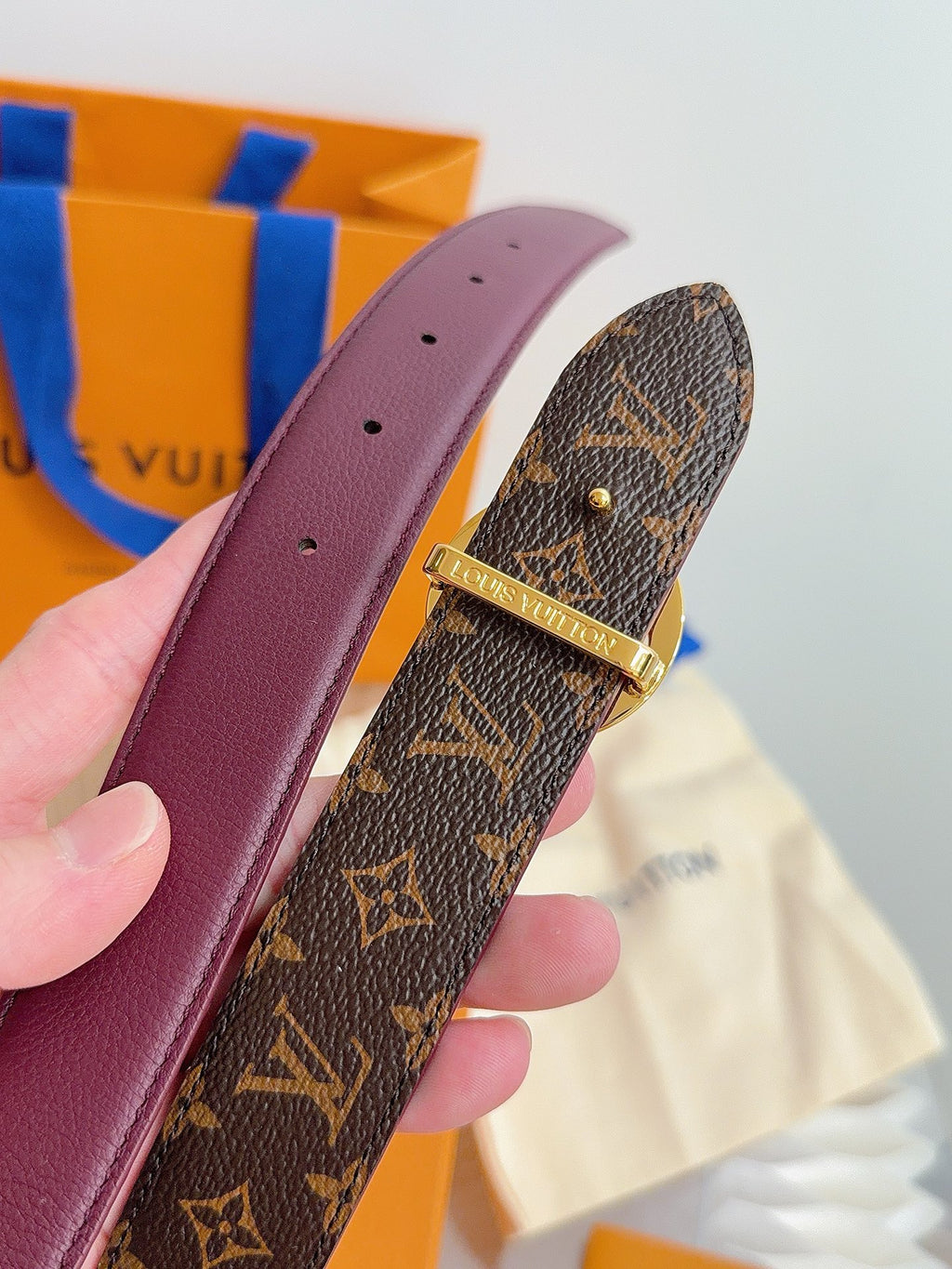 Louis Vuitton LV Flowergram Round 30MM Reversible Belt Burgundy Monogram