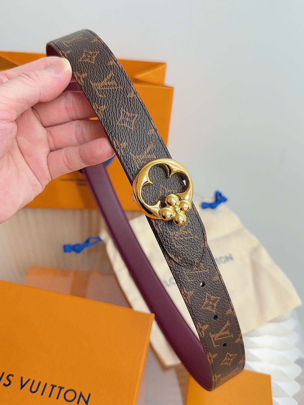 Louis Vuitton LV Flowergram Round 30MM Reversible Belt Burgundy Monogram
