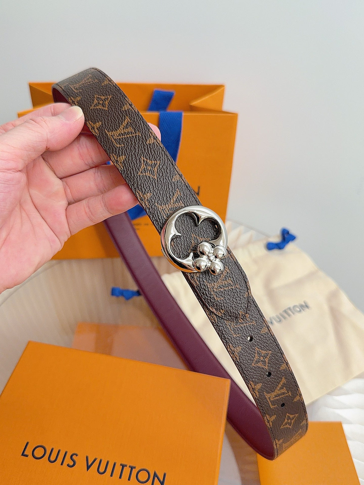 Louis Vuitton LV Flowergram Round 30MM Reversible Belt Burgundy Monogram