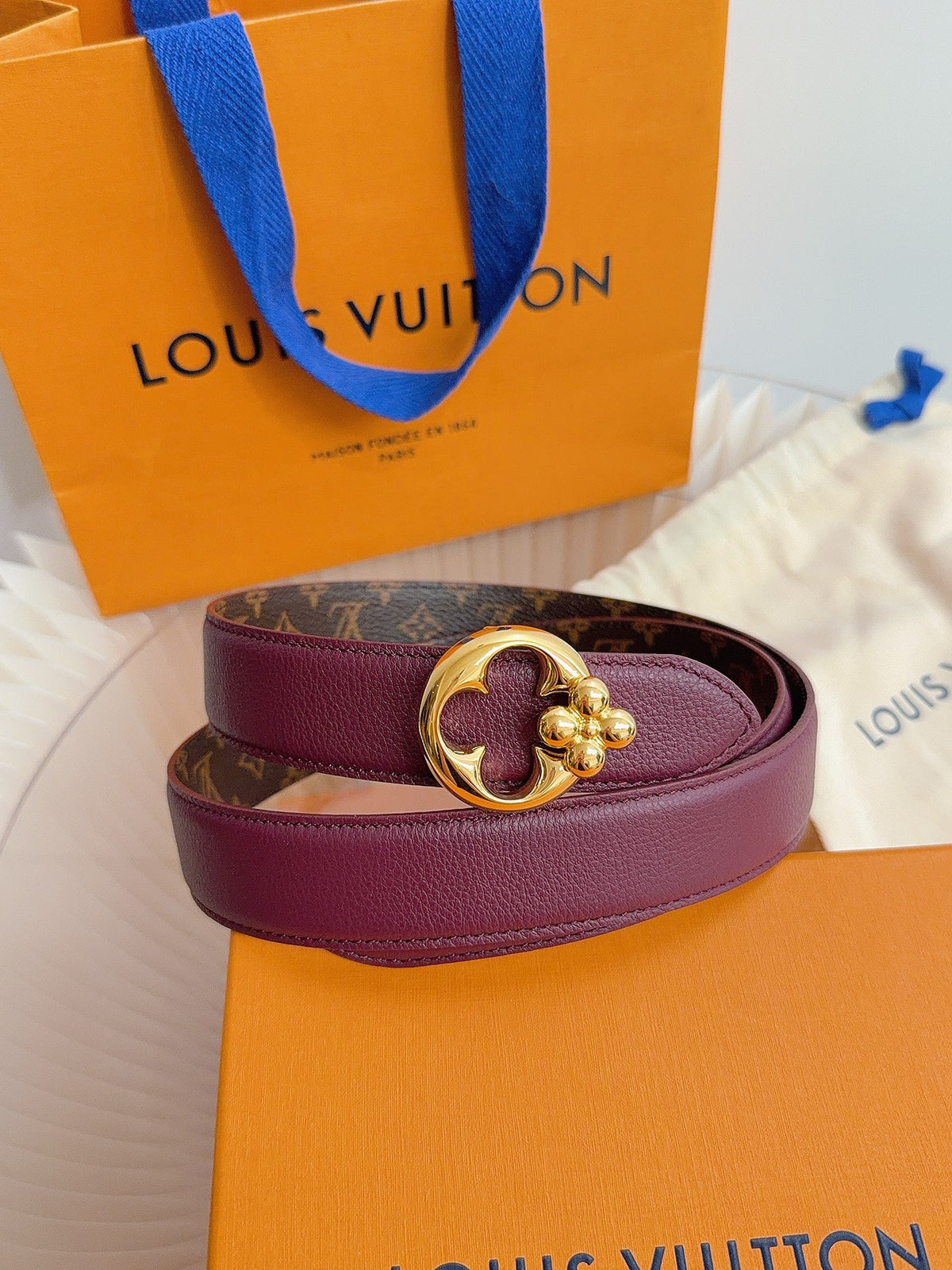Louis Vuitton LV Flowergram Round 30MM Reversible Belt Burgundy Monogram