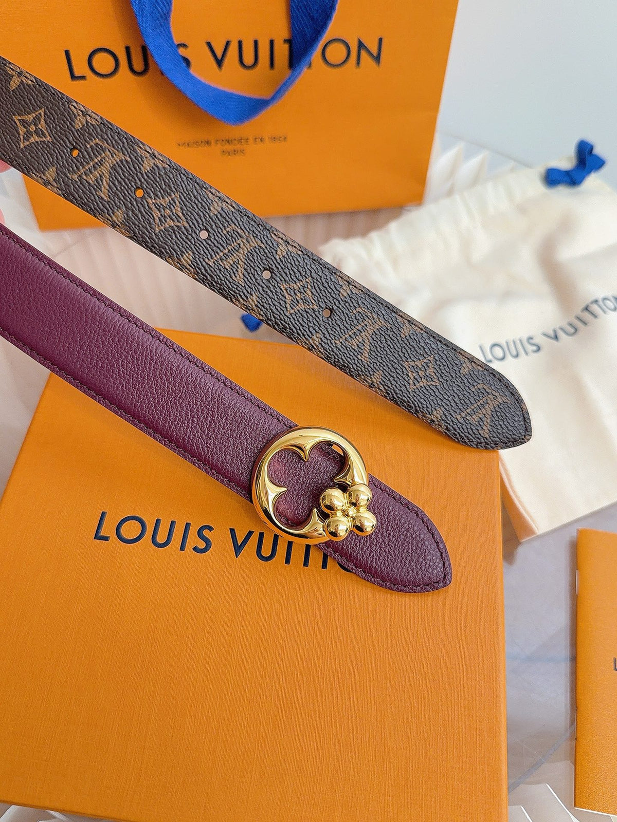Louis Vuitton LV Flowergram Round 30MM Reversible Belt Burgundy Monogram