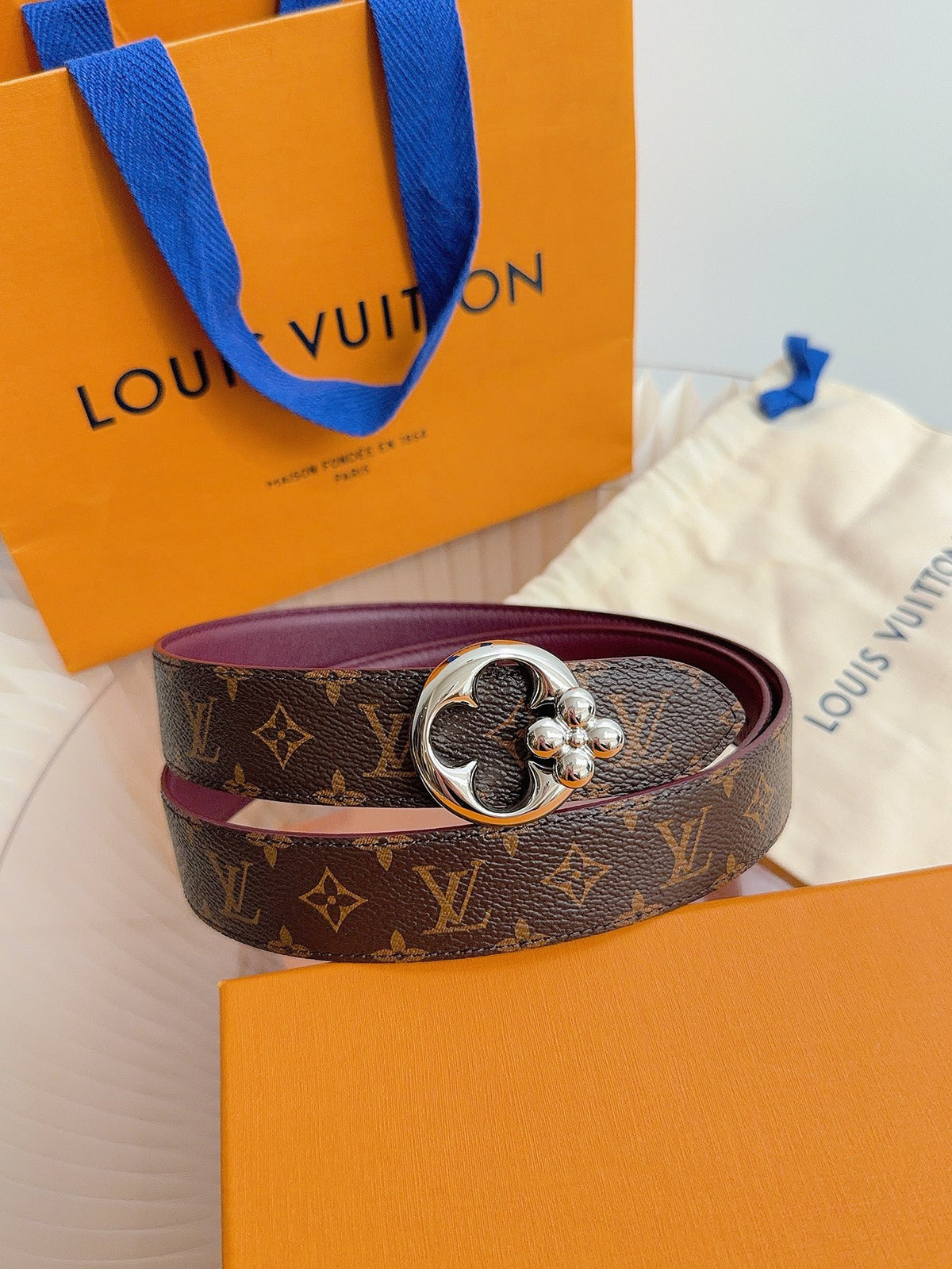 Louis Vuitton LV Flowergram Round 30MM Reversible Belt Burgundy Monogram