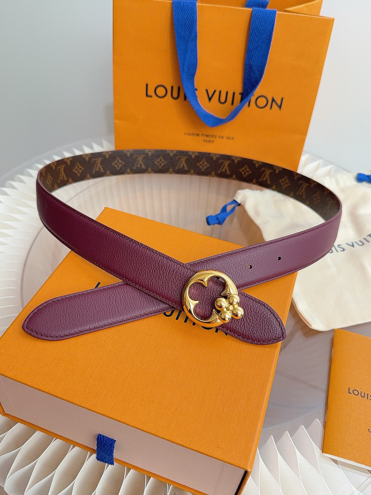 Louis Vuitton LV Flowergram Round 30MM Reversible Belt Burgundy Monogram