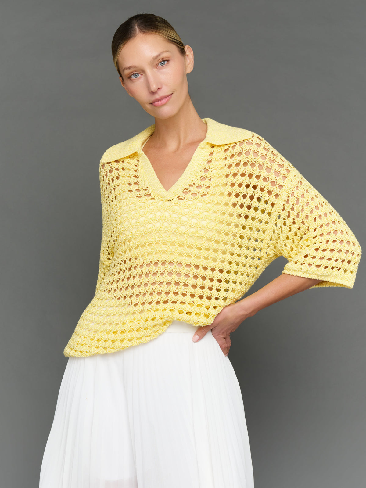 Open Knit Polo Sweater - Pale Banana