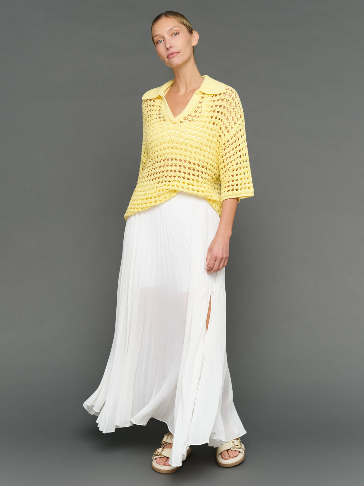 Open Knit Polo Sweater - Pale Banana