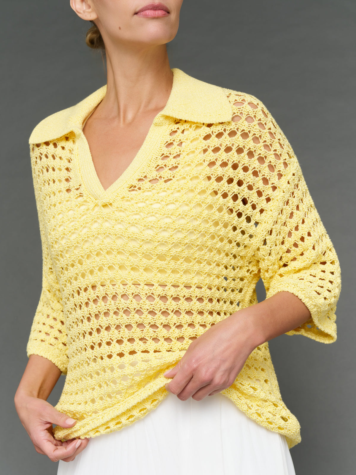 Open Knit Polo Sweater - Pale Banana