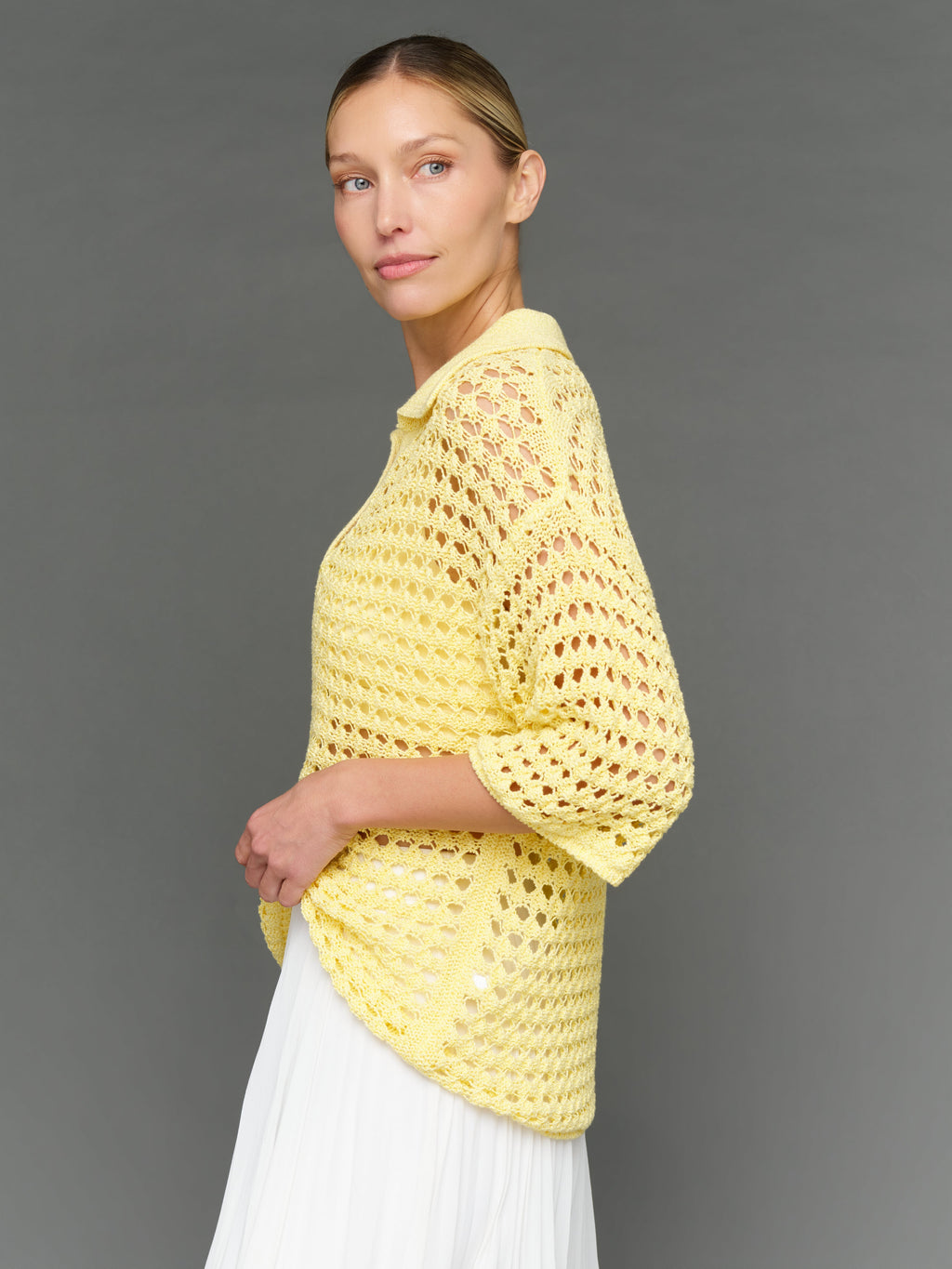 Open Knit Polo Sweater - Pale Banana