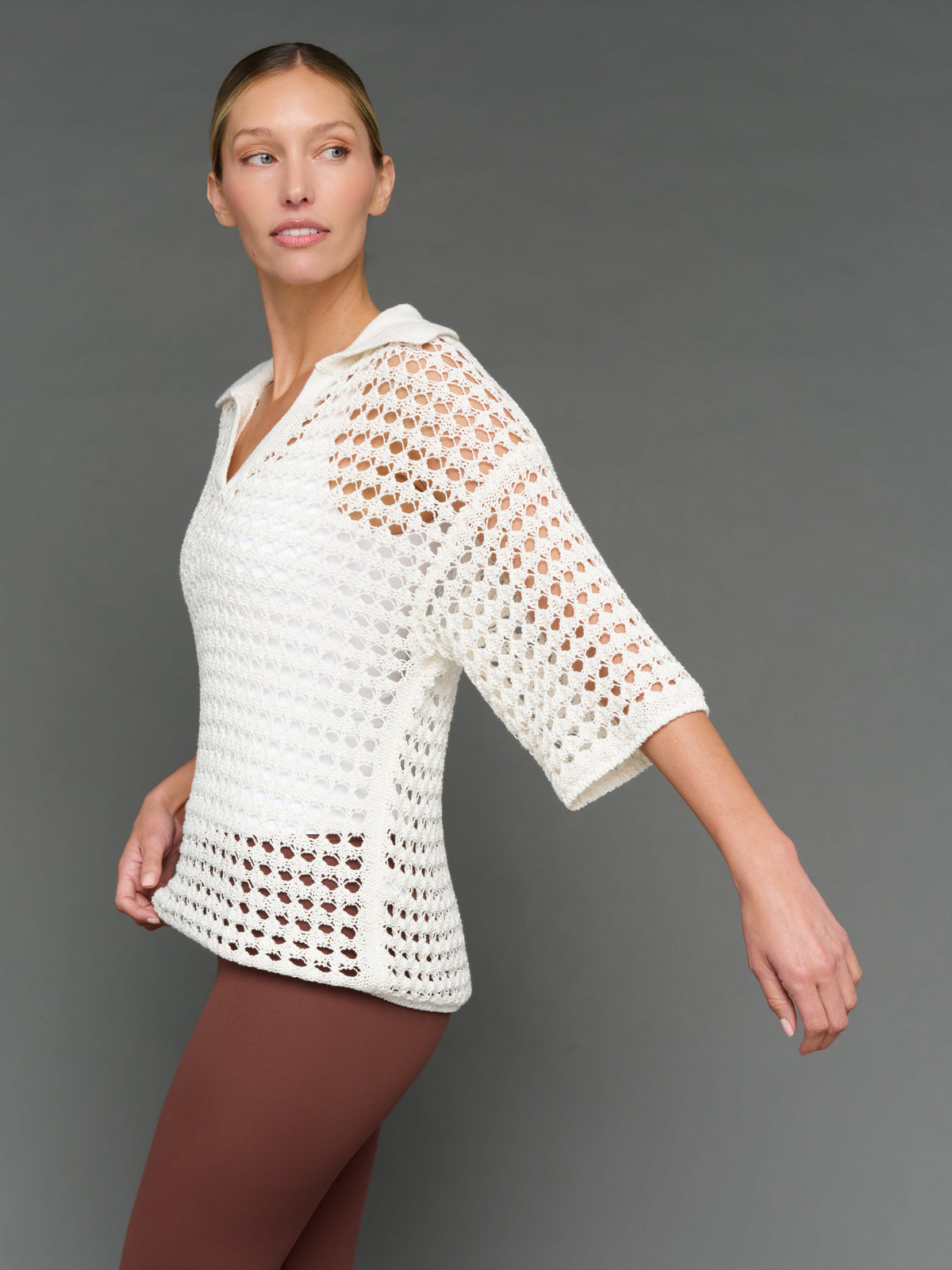 Open Knit Polo Sweater - White
