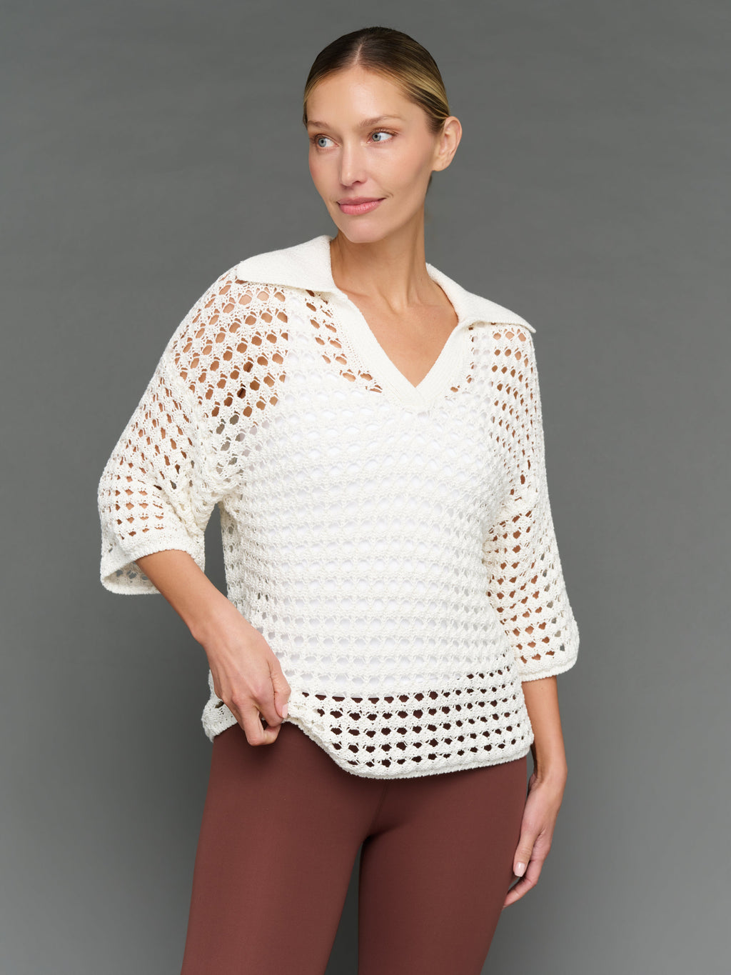 Open Knit Polo Sweater - White