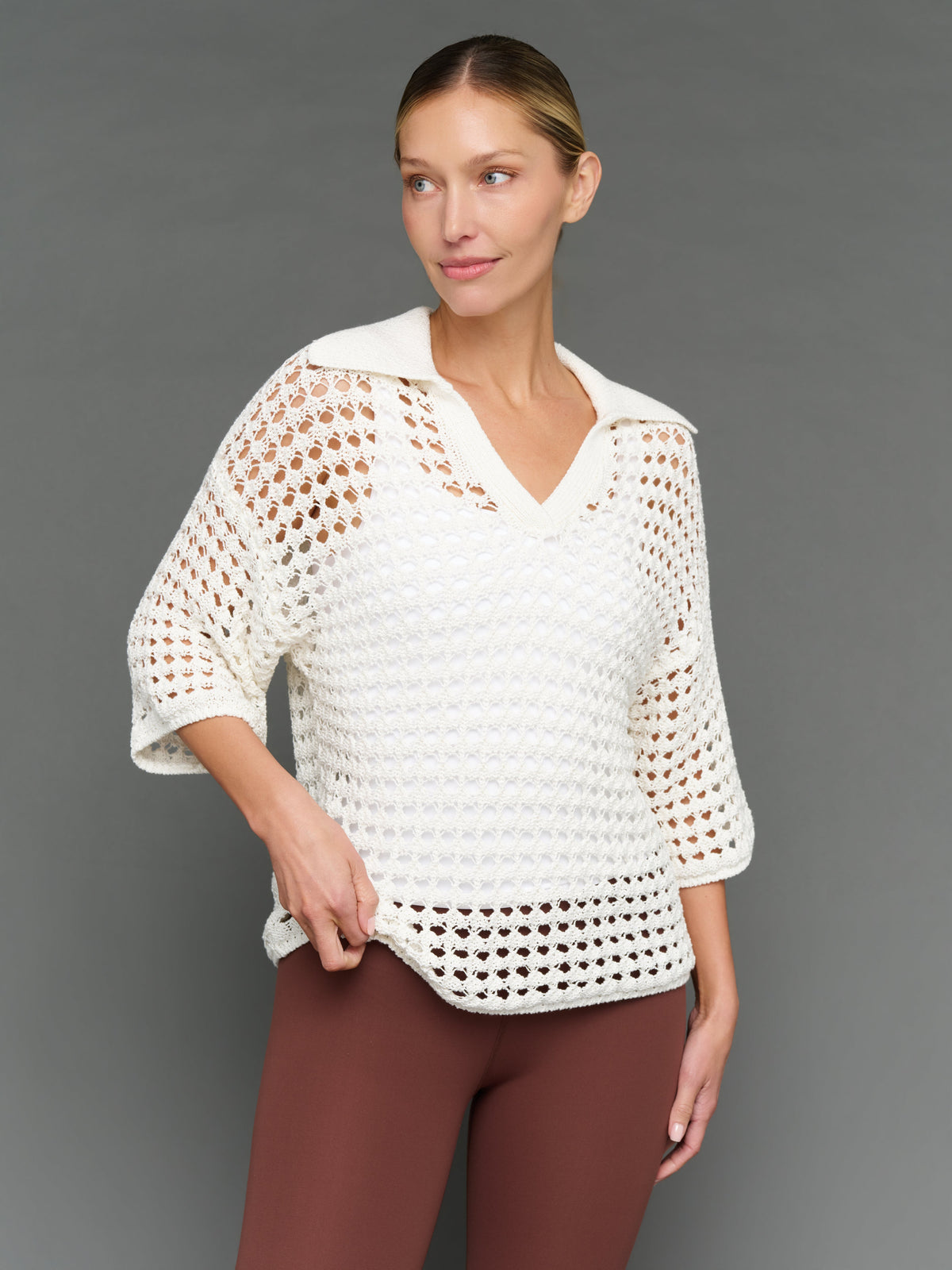Open Knit Polo Sweater - White