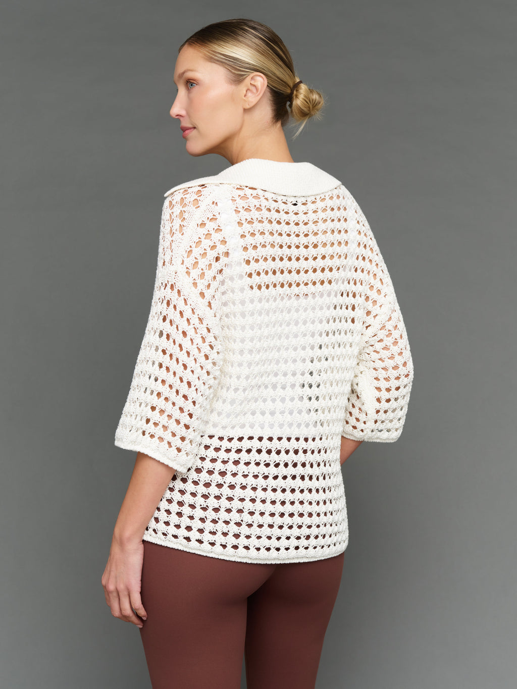 Open Knit Polo Sweater - White