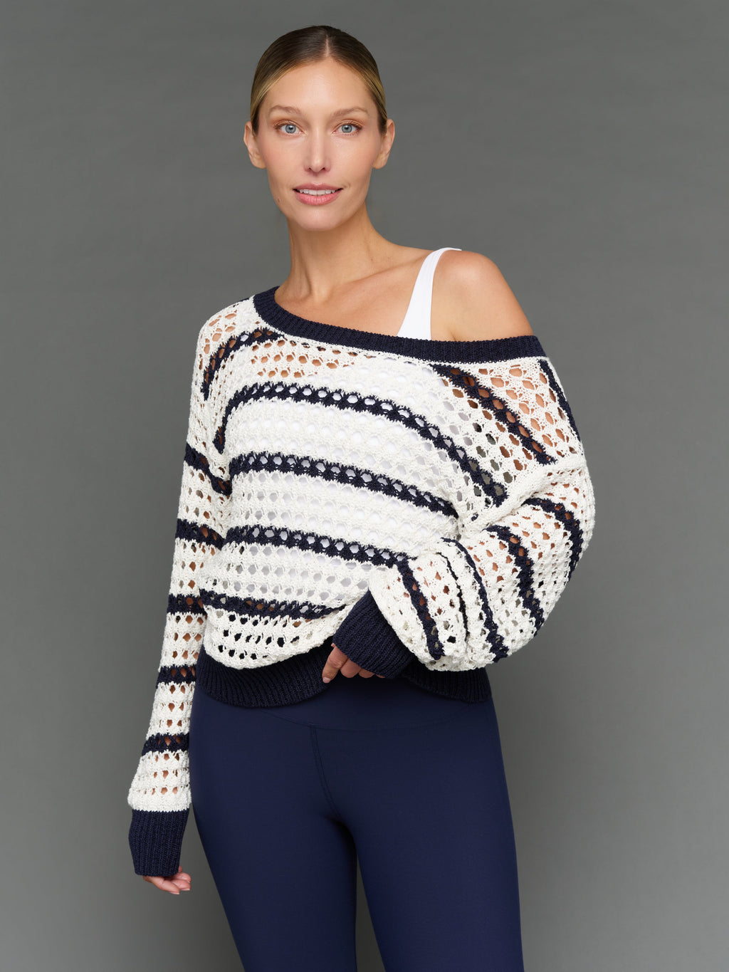 Wide Neck Open Knit Sweater - White/Navy