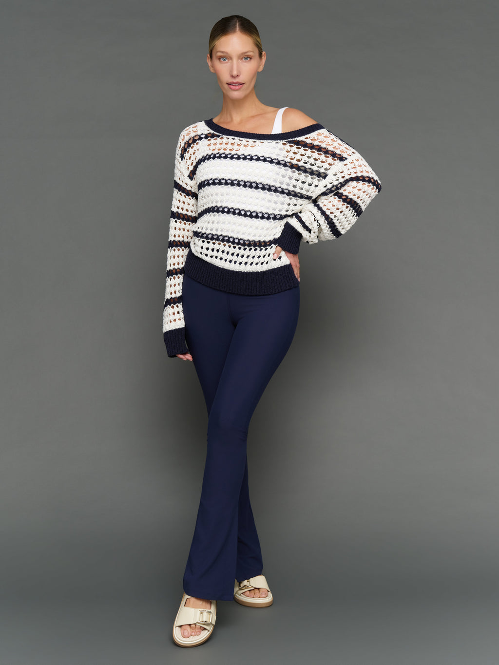 Wide Neck Open Knit Sweater - White/Navy