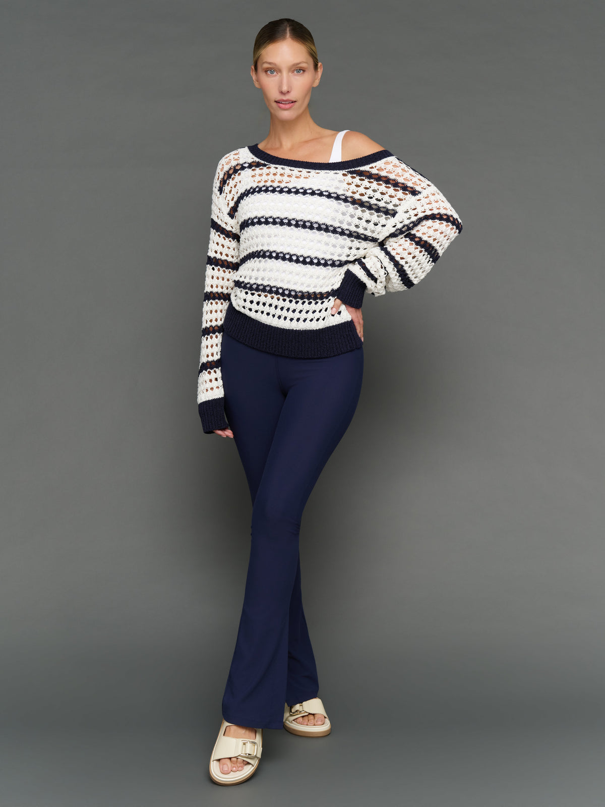 Wide Neck Open Knit Sweater - White/Navy