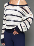Wide Neck Open Knit Sweater - White/Navy