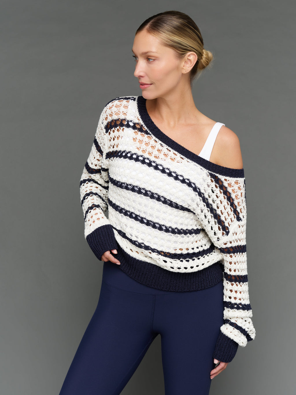 Wide Neck Open Knit Sweater - White/Navy