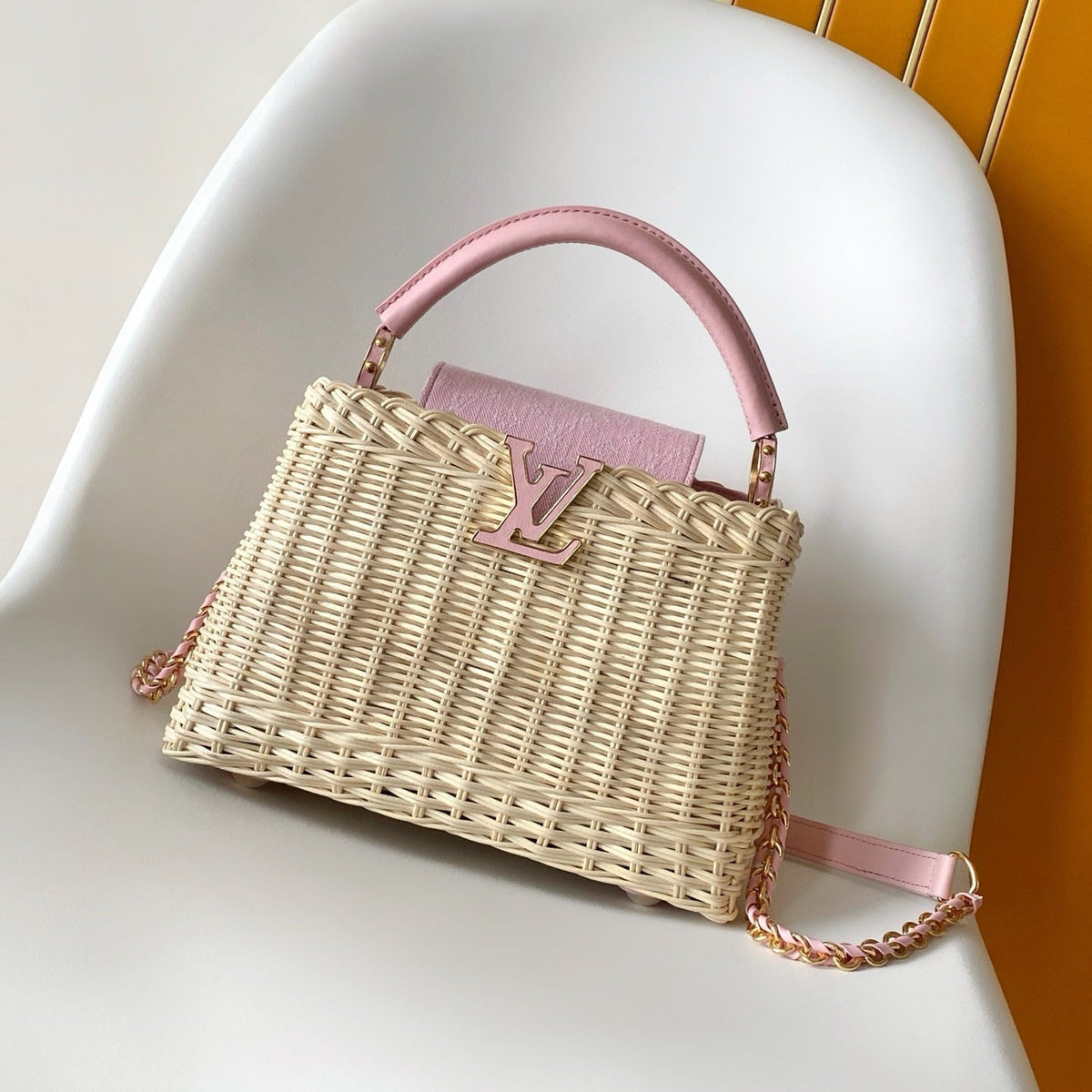 LV Capucines Mini Handbag Pink in Rattan and Cowhide leather 287165