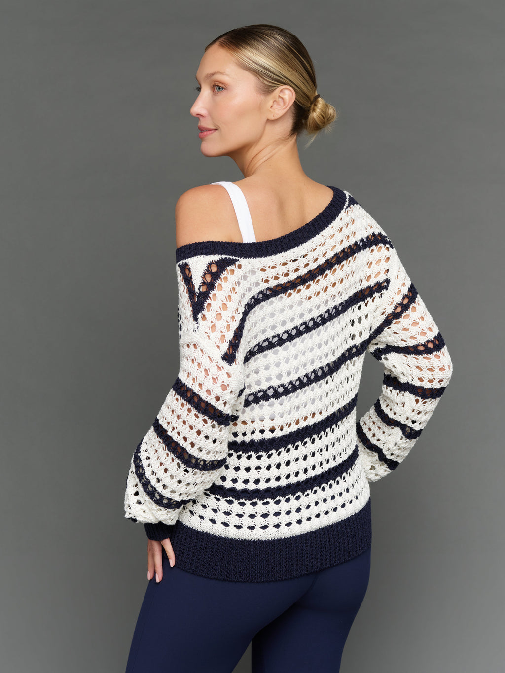 Wide Neck Open Knit Sweater - White/Navy