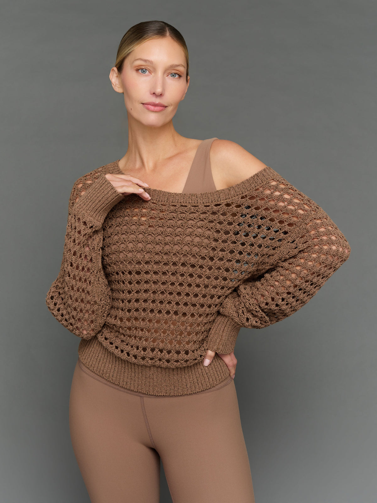 Wide Neck Open Knit Sweater - Caribou