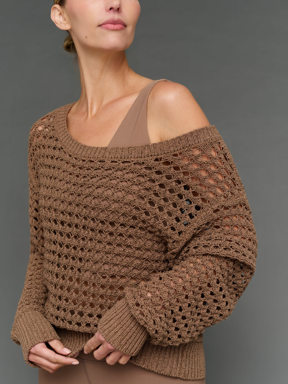 Wide Neck Open Knit Sweater - Caribou
