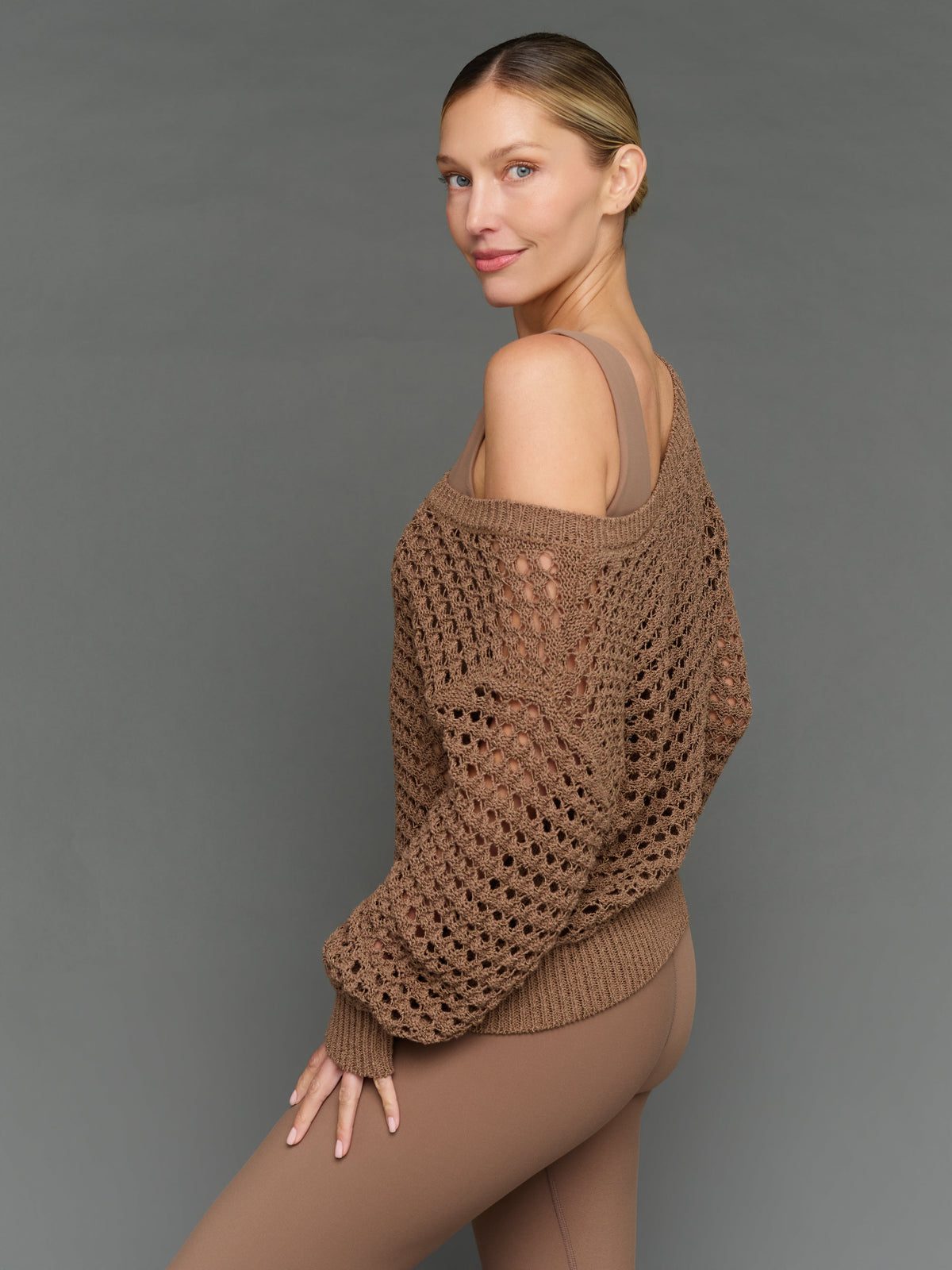 Wide Neck Open Knit Sweater - Caribou