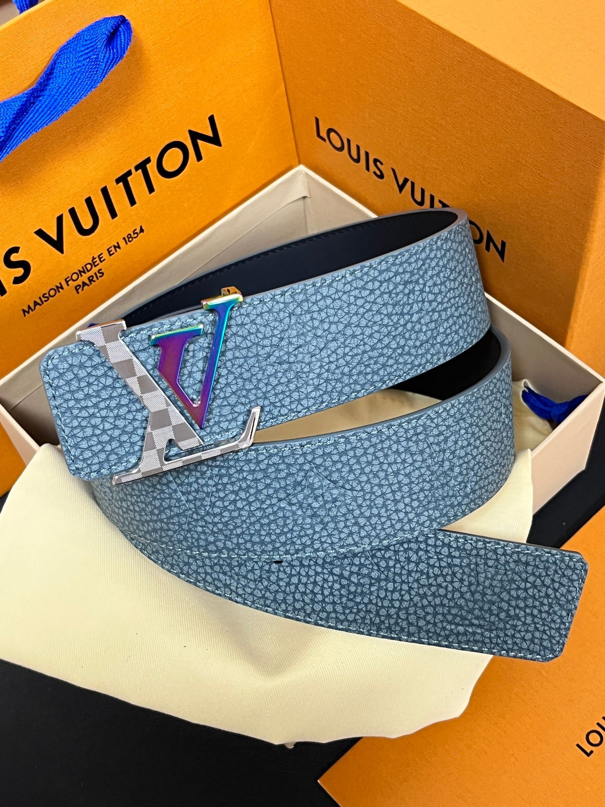 Louis Vuitton LV Initiales 40MM Reversible Belt Light Blue Rainbow