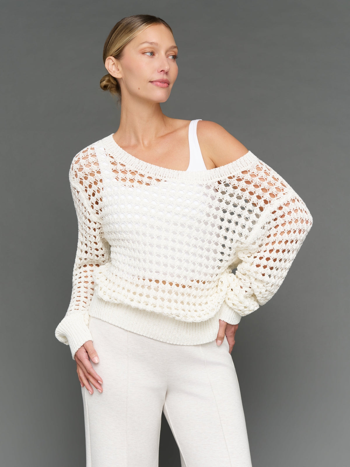 Wide Neck Open Knit Sweater - White