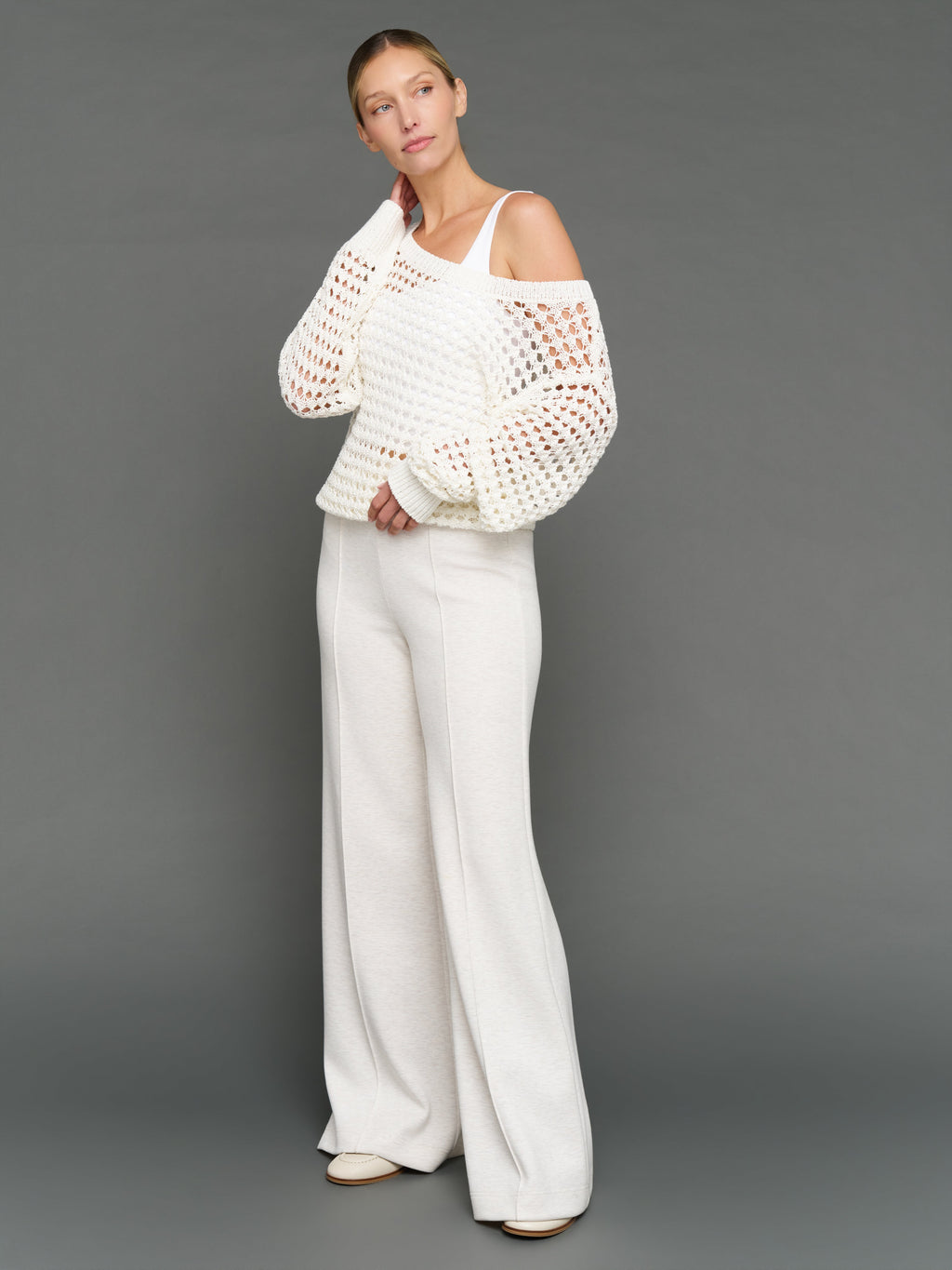 Wide Neck Open Knit Sweater - White
