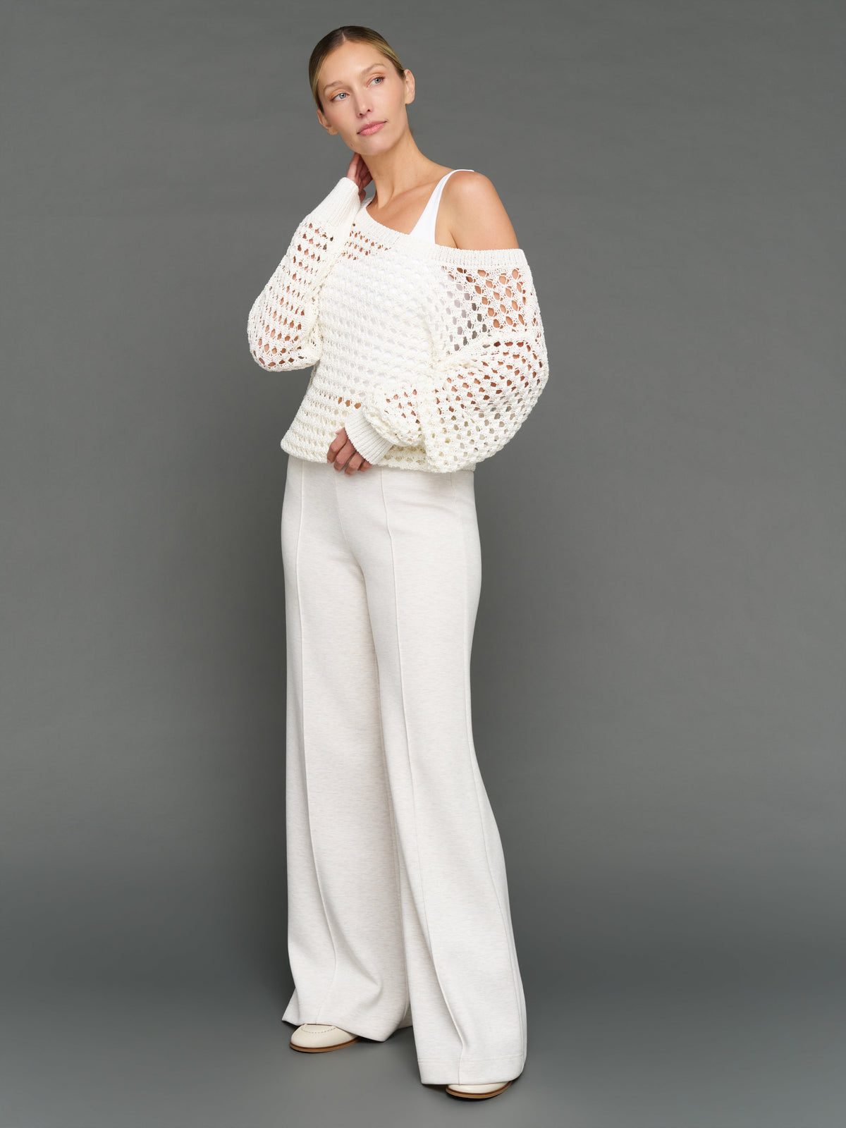 Wide Neck Open Knit Sweater - White